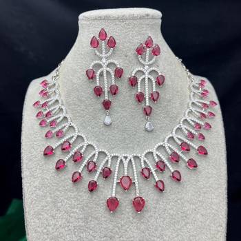 ruby pink pear cut bridal necklace and earrings set, silver plated teardrop gemstone jewellery 3