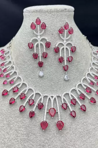 ruby pink pear cut bridal necklace and earrings set, silver plated teardrop gemstone jewellery