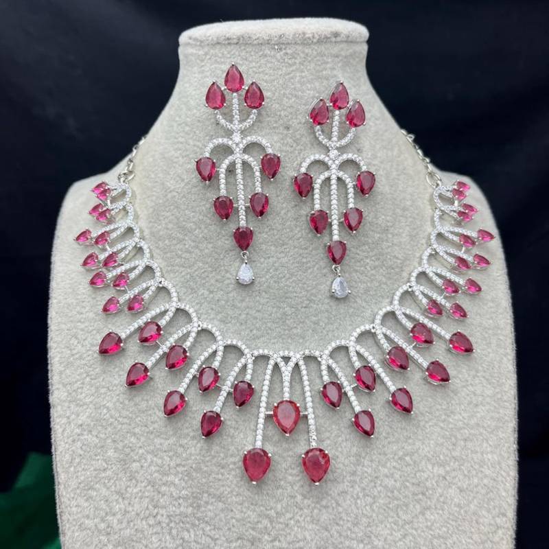 ruby pink pear cut bridal necklace and earrings set, silver plated teardrop gemstone jewellery