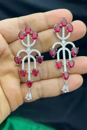 ruby pink pear cut bridal necklace and earrings set, silver plated teardrop gemstone jewellery