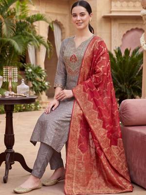 Women Ethnic Motifs Embroidered Kurta with Trousers & With Dupatta 5