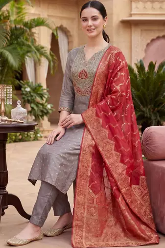 Women Ethnic Motifs Embroidered Kurta with Trousers & With Dupatta