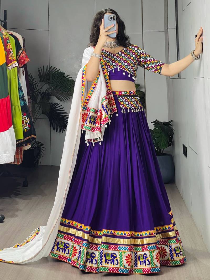 purple rayon cotton party wear embroidery navaratri chaniya choli - free size