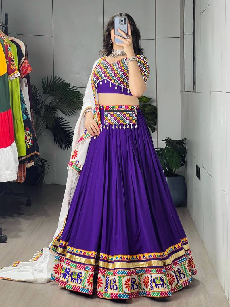 purple rayon cotton party wear embroidery navaratri chaniya choli - free size