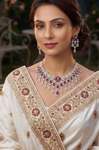 ruby red cz bridal necklace set  traditional indian silver-plated choker earrings
