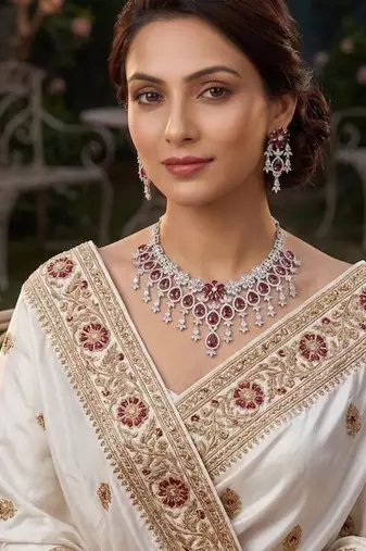 ruby red cz bridal necklace set | traditional indian silver-plated choker earrings