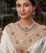 ruby red cz bridal necklace set  traditional indian silver-plated choker earrings
