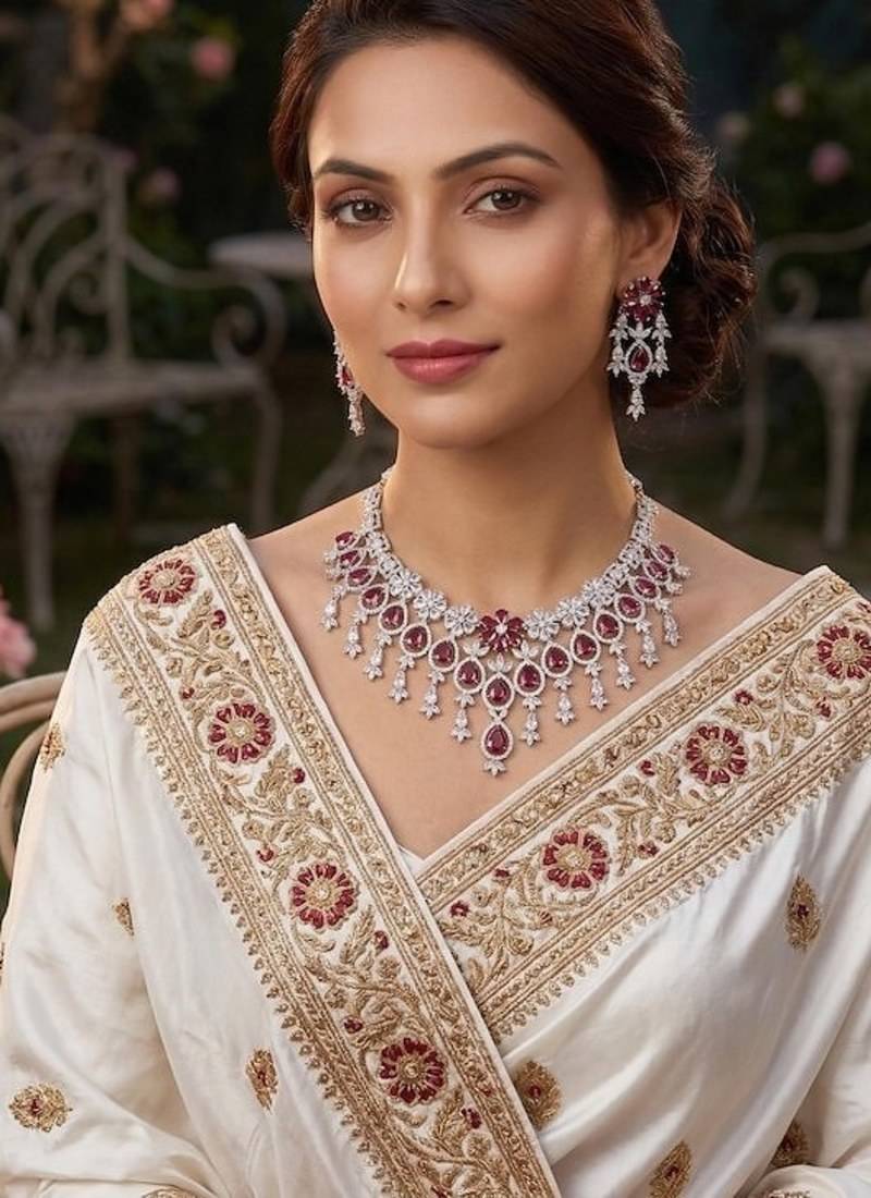 ruby red cz bridal necklace set | traditional indian silver-plated choker earrings