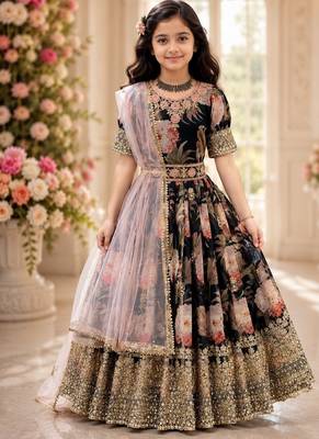 Fuax georgette digital print with embroidered sequence work kids gown 1