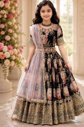 Fuax georgette digital print with embroidered sequence work kids gown