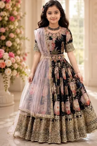 Fuax georgette digital print with embroidered sequence work kids gown