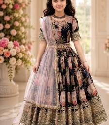 Fuax georgette digital print with embroidered sequence work kids gown