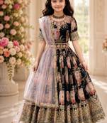 Fuax georgette digital print with embroidered sequence work kids gown