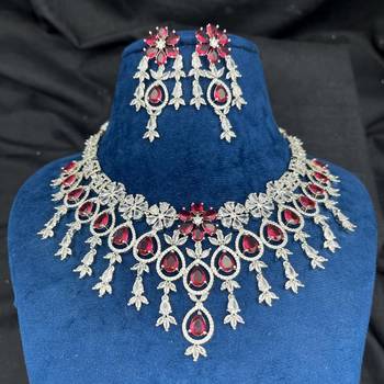 ruby red cz bridal necklace set  traditional indian silver-plated choker earrings 2
