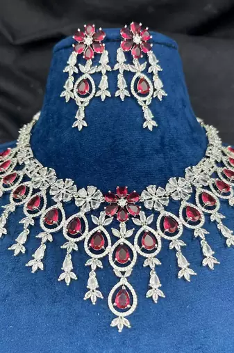 ruby red cz bridal necklace set | traditional indian silver-plated choker earrings