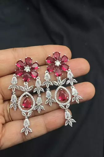 ruby red cz bridal necklace set | traditional indian silver-plated choker earrings