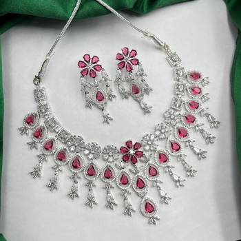 ruby red cz bridal necklace set  traditional indian silver-plated choker earrings 4