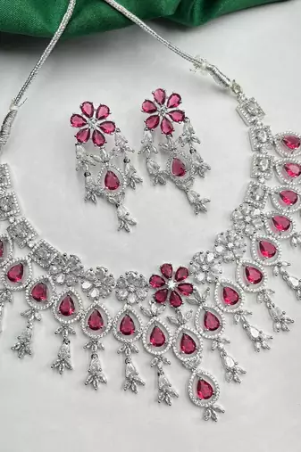 ruby red cz bridal necklace set | traditional indian silver-plated choker earrings