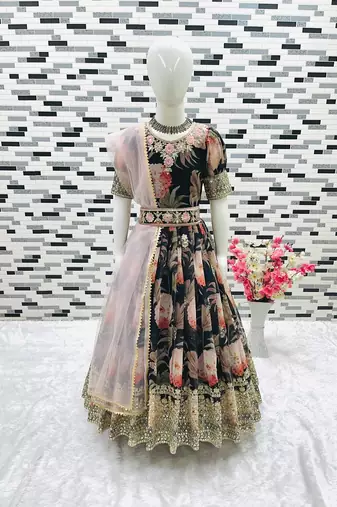 Fuax georgette digital print with embroidered sequence work kids gown