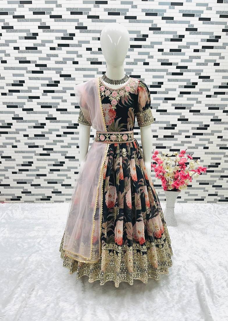 Fuax georgette digital print with embroidered sequence work kids gown