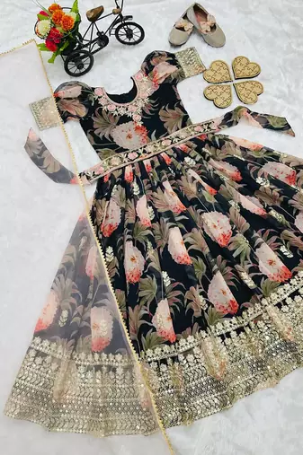 Fuax georgette digital print with embroidered sequence work kids gown