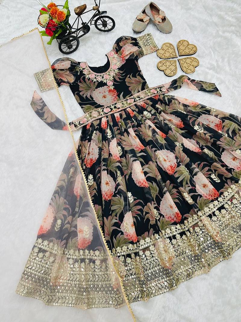 Fuax georgette digital print with embroidered sequence work kids gown