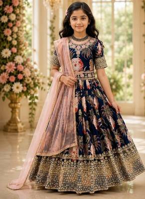 Fuax georgette digital print with embroidered sequence work kids gown 1