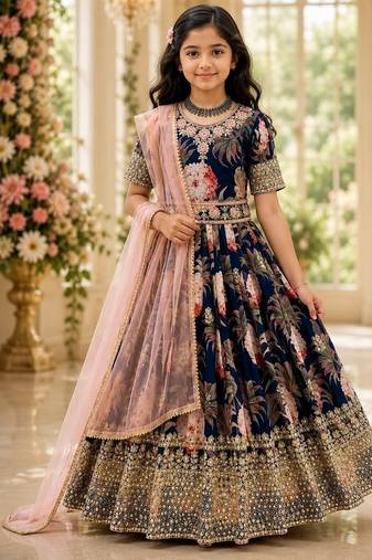 Fuax georgette digital print with embroidered sequence work kids gown