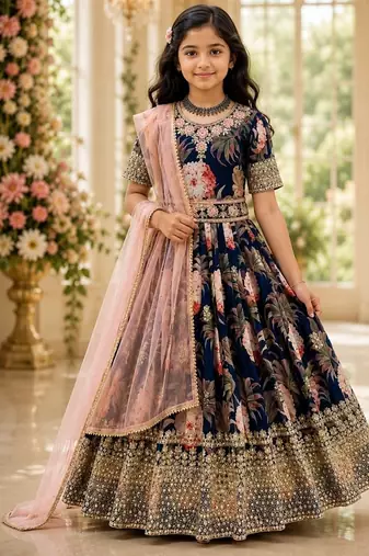 Fuax georgette digital print with embroidered sequence work kids gown