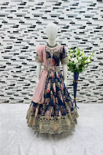 Fuax georgette digital print with embroidered sequence work kids gown