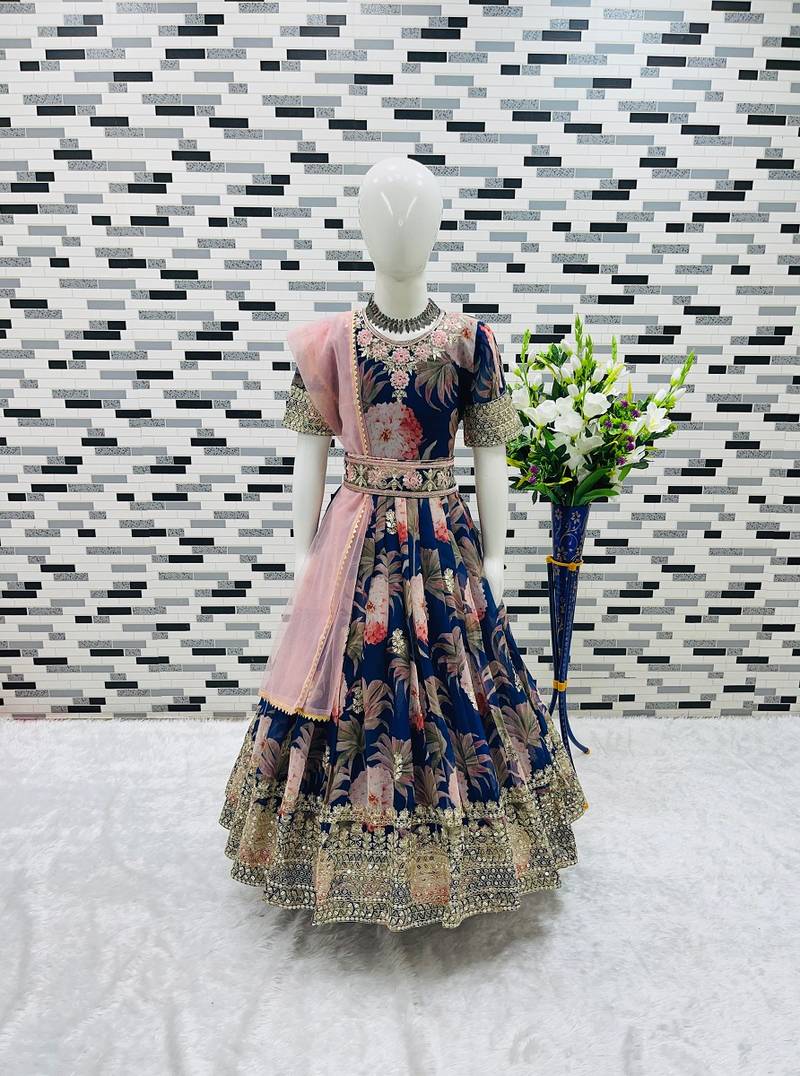 Fuax georgette digital print with embroidered sequence work kids gown