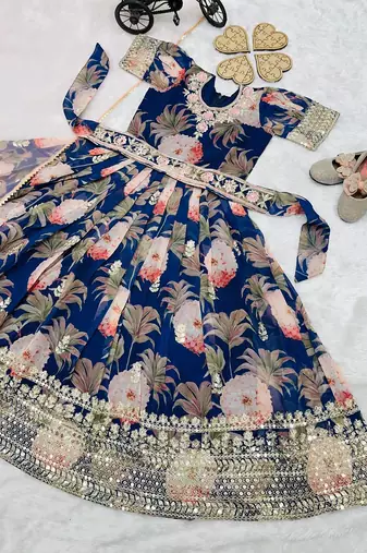 Fuax georgette digital print with embroidered sequence work kids gown