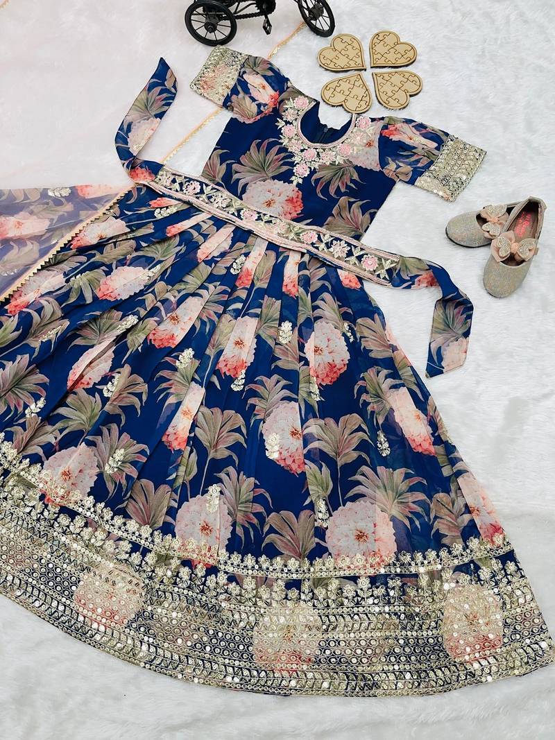 Fuax georgette digital print with embroidered sequence work kids gown