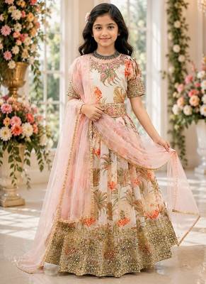 Fuax georgette digital print with embroidered sequence work kids gown 1