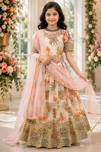 Fuax georgette digital print with embroidered sequence work kids gown
