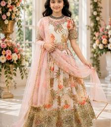 Fuax georgette digital print with embroidered sequence work kids gown