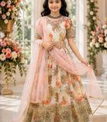 Fuax georgette digital print with embroidered sequence work kids gown