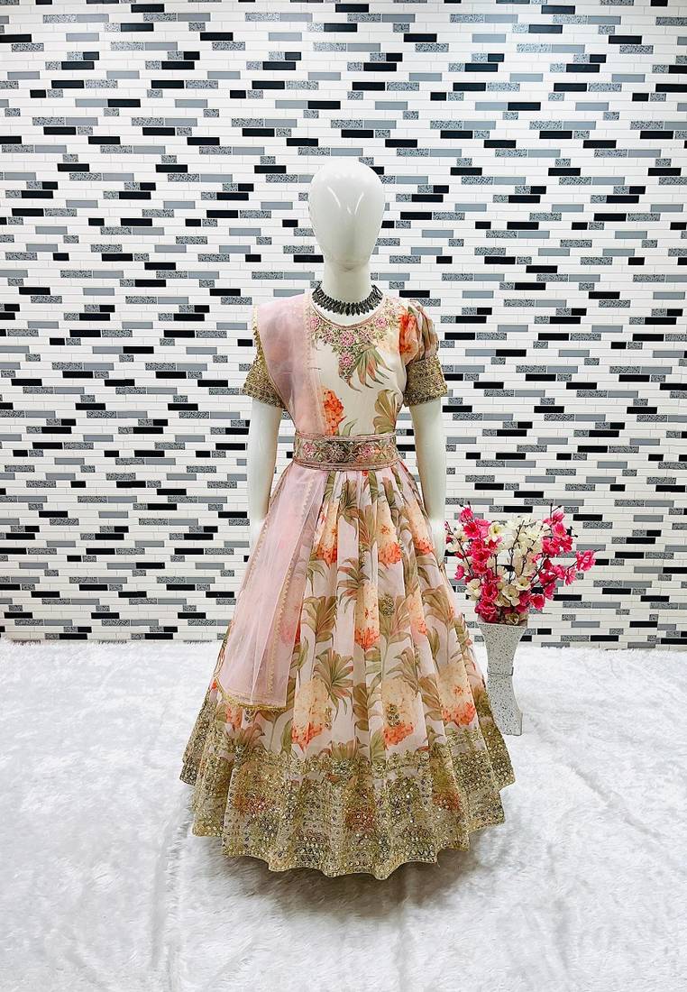 Fuax georgette digital print with embroidered sequence work kids gown