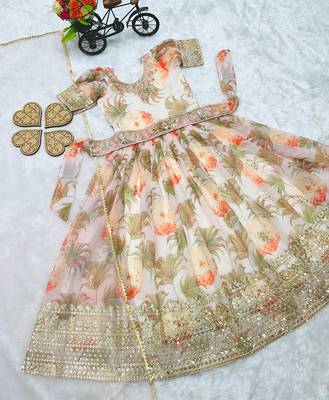 Fuax georgette digital print with embroidered sequence work kids gown 3