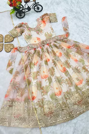 Fuax georgette digital print with embroidered sequence work kids gown