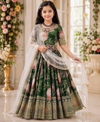 Fuax georgette digital print with embroidered sequence work kids gown 1