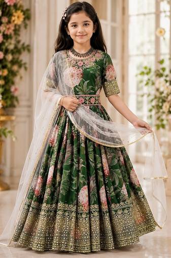 Fuax georgette digital print with embroidered sequence work kids gown