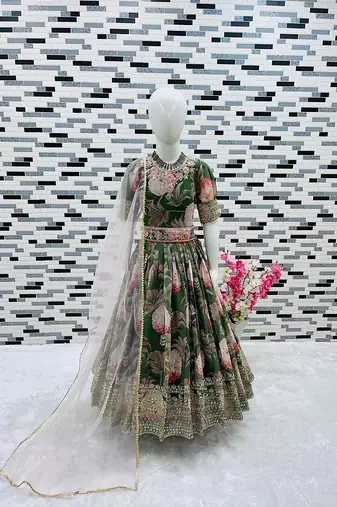 Fuax georgette digital print with embroidered sequence work kids gown
