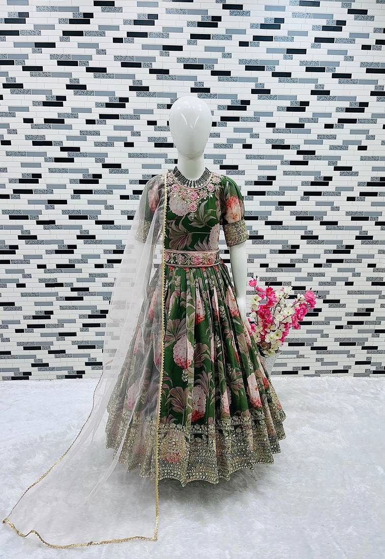 Fuax georgette digital print with embroidered sequence work kids gown