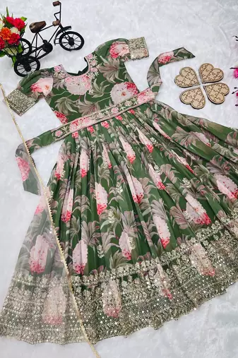 Fuax georgette digital print with embroidered sequence work kids gown