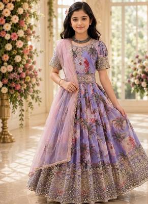 Fuax georgette digital print with embroidered sequence work kids gown 1