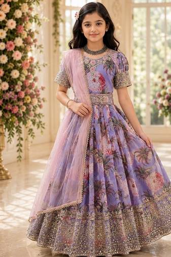 Fuax georgette digital print with embroidered sequence work kids gown