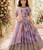 Fuax georgette digital print with embroidered sequence work kids gown