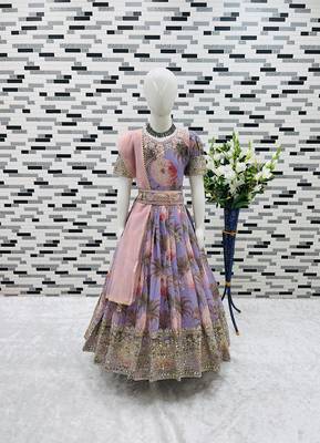 Fuax georgette digital print with embroidered sequence work kids gown 2