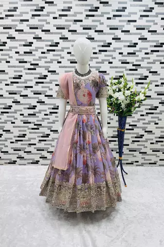 Fuax georgette digital print with embroidered sequence work kids gown
